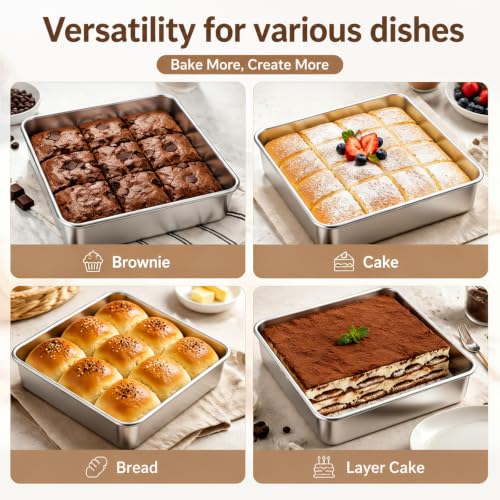 GIUOIDUO 2-Pack 8x8 Inch Baking Pan with Lids - Stainless Steel Square Cake Pan for Cakes, Brownies & Food Storage - Non-toxic & Dishwasher Safe,Set of 2 (2 Pans + 2 Lids) - size: 8x8x2 Inch (High Lid)