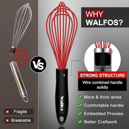 Walfos Whisk, Silicone Whisk Heat Resistant (480°F) Kitchen Whisks Set of 4- Professional Whisks For Cooking Non Scratch, Balloon Egg Whisk Perfect for Frothing, Blending, Beating - color: 4pcs Colorful;5+7+9+11in