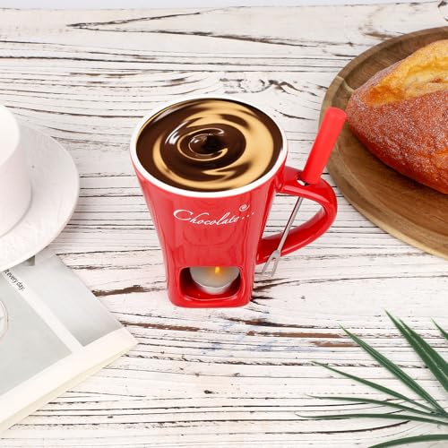 Chocolate Fondue Mug with Fork and Tealights, Sweet Chocolate Melting Cup