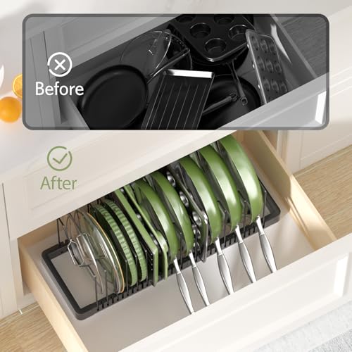PanPanPal Pots and Pans Organizer under Cabinet, Expandable Pot Lid Organizer Holder with 14 Adjustable Compartment, Pan Organizers inside Cabinet for Lids, Bakeware, Kitchen Storage Pot Rack, Black - size: 14 Dividers