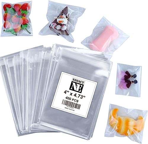 NEOACT 400 Pcs 4"x4.73" Clear Resealable Cellophane Bags Good for Bakery, Candle, Soap, Cookie Poly Bags - size: 400 Count (4"x4.7")