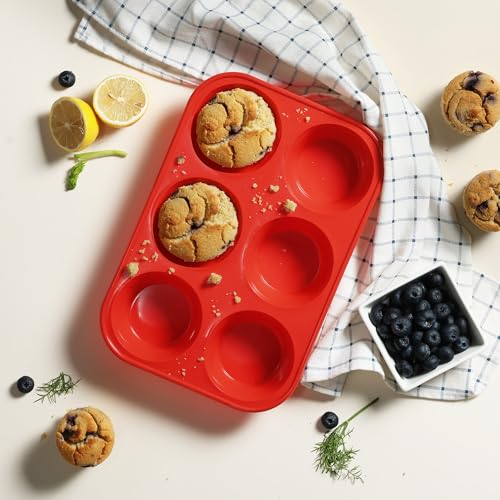 2 Pack 6 Cups Silicone Mini Muffin Pan with Metal Reinforced Frame Silicone Molds Cupcake Cake Baking Pans Cookie Baking Chocoflan Cupcake Mold Cake Molds Kitchen Baking Mom Gift Home Essentials - color: Red, size: 2pc: 6-Cup Jumbo