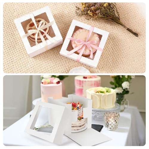 10 inch Tall Cardboard Cake Boxes with Lid, Ribbon, 12 Pcs