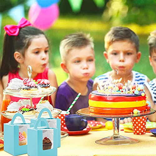 Cupcake Boxes, 30 Pcs Single Cupcake Boxes Individual Cupcake Containers Muffins Cupcake Carriers Holder Kraft Pastry Containers with Insert Window & Handle for Wedding Birthday Parties (Blue) - color: Blue