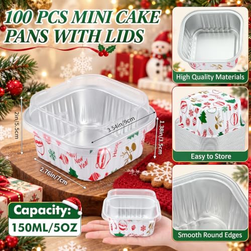Skylety 100 Pcs 5oz Mini Square Cake Pans with Lids, Christmas Ornaments - color: Christmas Ornaments