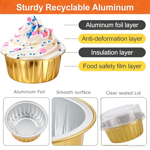 150 Pack Disposable Ramekins with Clear Lid, Golden Mini Cupcake Tins