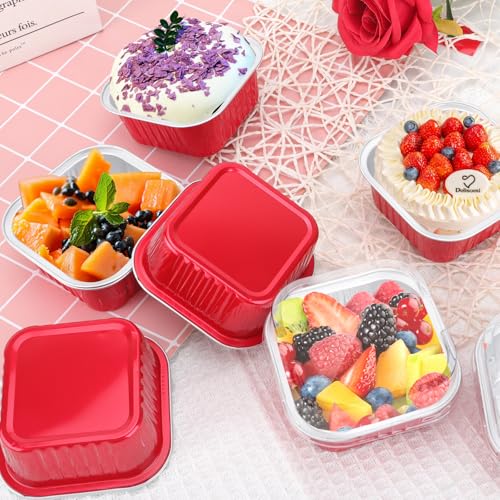 60Pack 5oz Christmas Mini Cake Pans with Lids Baking Cups Aluminum Foil Pans Tins, Individual Dessert Cups Containers for Sales,Party,Picnics Red - color: Red