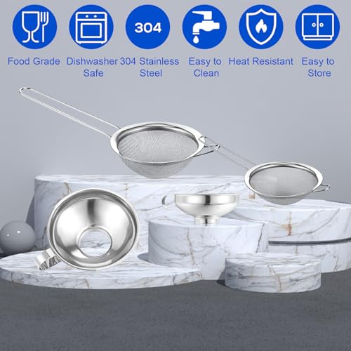 Stainless Steel Funnels with Fine Mesh Strainer - 4 Pack Canning Funnels for Narrow Wide Regular Mouth Mason Jars, 1.5/2.1 Inch Kitchen Funnel Set for Canning Supplies and Kitchen Use