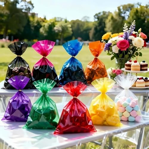 Clear Cellophane Treat Bags with Gold Twist Ties 100 Pcs 6×9 Inch Perfect for Candies, Cookies，Party Favor Packaging - color: Clear