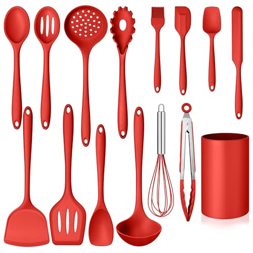 Homikit Kitchen Cooking Utensils Set, 15-Piece Silicone Spatula with Holder - color: Red