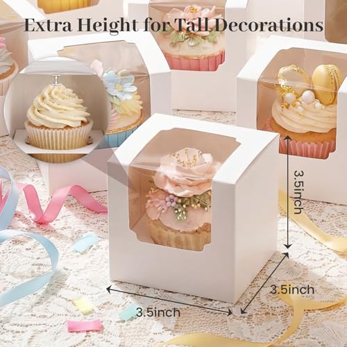 VGOODALL 60PCS Cupcake Boxes, 3.5 Inches Individual Cupcake Containers with Window and Insert for Muffins Cocoa Bombs Packaging Togo Boxes for Birthday Baby Shower Wedding Party Favors