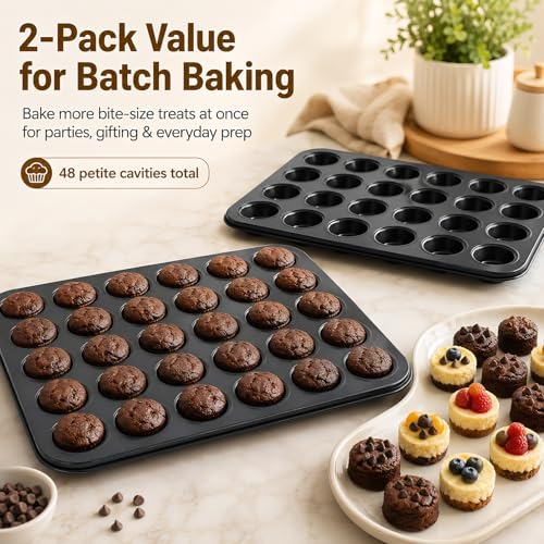 Kingrol 2 Pack Petite Mini Muffin Pan, 24-Cup Nonstick Carbon Steel Mini Cupcake Pan, Bite-Size Muffin Tin for Brownie Bites, Egg Bites, Candy and Mini Desserts