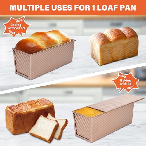 Pullman Loaf Pan with Lid 13x4 Inch, 2.2lb Dough Capacity for Homemade Bread, Non-stick Corrugated Carbon Steel Bread Toast Box with Cover for Bakeware, Sandwich & Toast Oven Baking, Gold - size: 2.2 lb