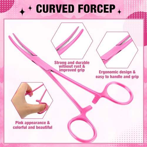 BBTO 2 Pcs Hemostat Forceps Curved Straight, Piercing Pliers,Pink - color: Pink