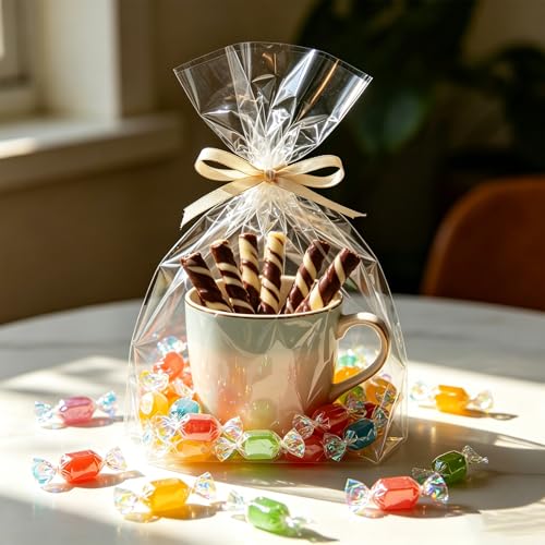 Nobranded 7x12 Inch Clear Cellophane Bags Mug gift bags 100 Pcs Plastic Sleeves with Twist Ties, 1.4 Mil Cellophane Treat Gift Bags for Cookies, Candy, Baking, Party Favors - size: 7x12 Inch (Pack of 100)
