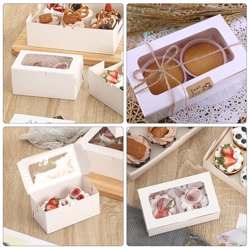 30 Pack White Paper Cupcake Boxes with 2 Cavity Cookie Gift Boxes with Clear Window 2 Treat Holder Cupcake Containers Bakery Cake Box for Birthday Party Holiday Bakery Supplies
