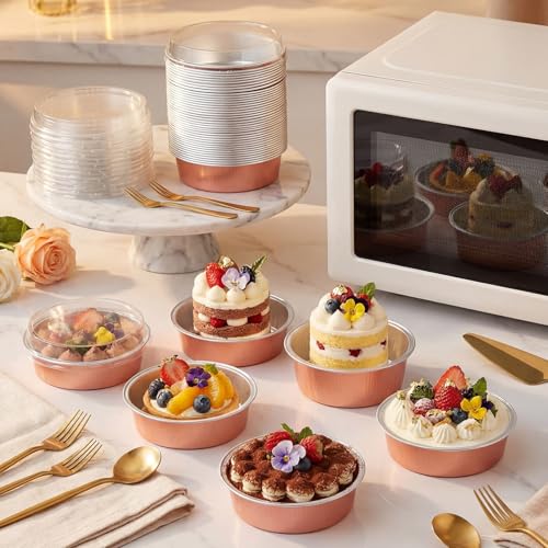 Yinder 8 oz Disposable Creme Brulee Ramekins with Lids, 4 Inch Mini Pie Tins Aluminum Foil Pie Tart Cake Baking Pans Individual Round Containers Oven Safe(Champagne Color,120 Pcs) - color: Champagne Color