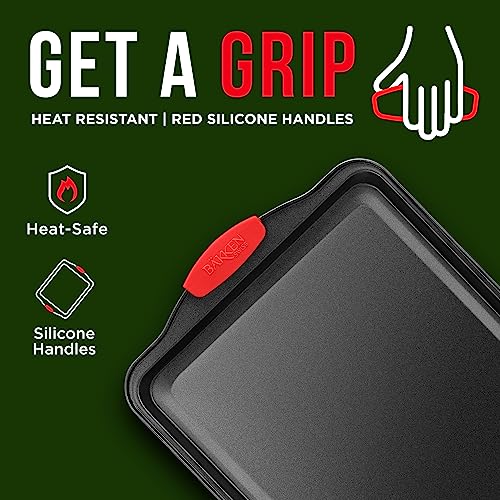 Nonstick Cookie Sheet Pan Carbon Steel Oven Tray Sheet Pan with Red Silicone Handles -Small Bakeware Pan Tray with Gray Coating Inside & Outside - color: Black, size: Small