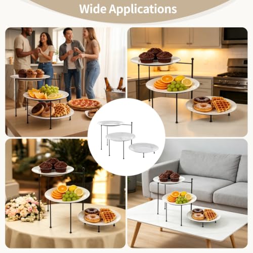 3 Tier Serving Stand, 10.25 in Metal Display Holder with 3Pcs 10 in White Melamine Plates, Black Metal Dessert Tray for Party, Snack, Fruit, Home Buffet Table