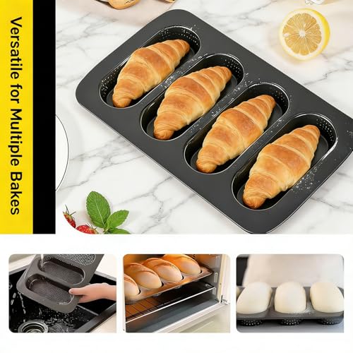 2-Pack Hot Dog Bun Pan Baguette Bread Pan, Carbon Steel Non-Stick Perforated Tray for Making Baguettes Hot Dog Buns