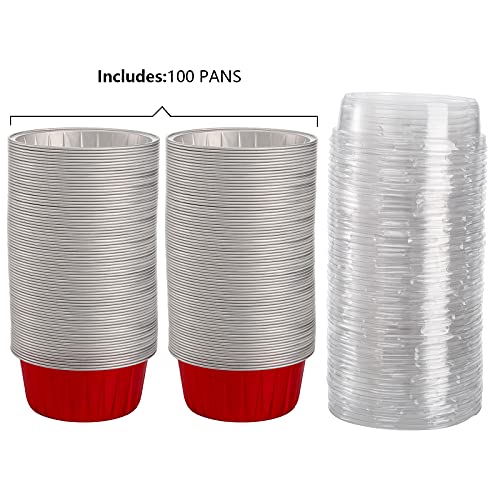 DEAYOU 100 Pack Aluminum Foil Cupcake Liners with Lids, 5oz Round Ramekin Baking Cups, Disposable Tart Pie Tin Pan Holder, Mini Cake Containers for Pudding, Party, Wedding, Oven Freezer Safe, Red