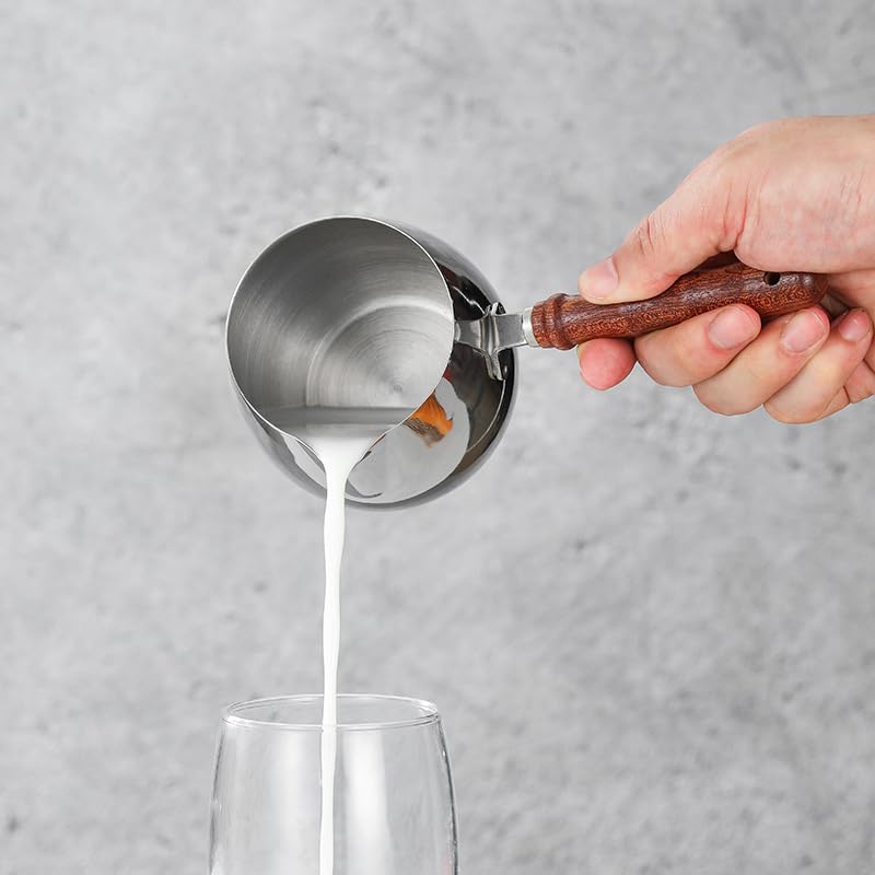 Turkish Coffee Pot 14oz/420ml with Wooden Handle, 18/8 Stainless Steel, Cezve Ibrik Briki Stovetop Warmer for Milk Butter Chocolate Melting, Greek Arabic Coffee Maker, Maple Syrup & Sauce Heating Pan - size: 0.4 Quarts