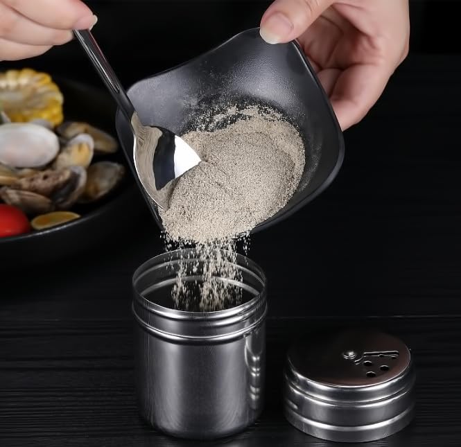 2 PCS Stainless Steel Salt and Pepper Shaker Seasoning Cans with Adjustable Pour Holes for Salt Powder Sugar Cinnamon Pepper Kitchen Dinner Table Cooking Baking Camping Tool