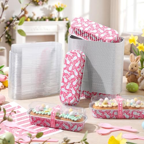 Tioncy 50 Set Easter Mini Pink Bunny Loaf Pans with Lids Spoons Stickers - style: Bunny