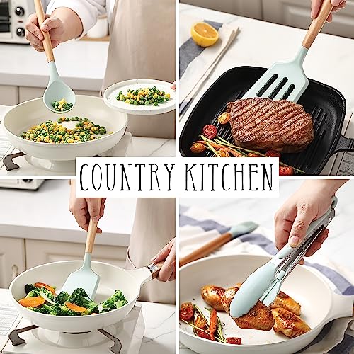 Country Kitchen Non Stick Silicone Utensil Set with Rounded Wood Handles for Cooking and Baking, 14 Piece Set, Mint - color: Mint, size: 14 Piece Set