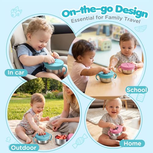 Snack Cups, 2 Pack Stainless Steel Toddler Snack Containers, Spill-Proof - color: Pink + Green