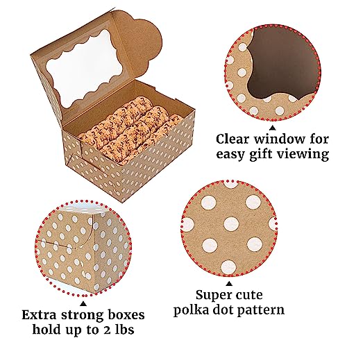 Polka Dot Cookie Boxes - 12 Pack - Brown Bakery Gift Box with Window - color: Craft White Polka Dots