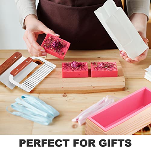Lerykin 2 pcs Rectangular Soap Molds Kit with Cutters - 42oz Flexible Silicone Loaf Soap Mold with Wooden Box, Stainless Steel Wavy & Straight Scraper for Homemade Craft Soap Making Supplies - color: Pink+Yellow - Rectangle