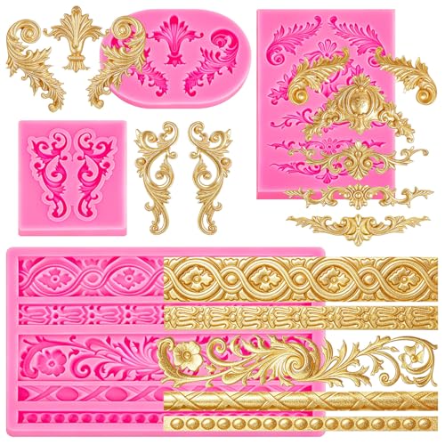 4 Pcs Baroque Style Silicone Molds, 3D Curlicues Scroll Lace Fondant Molds