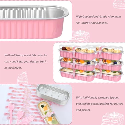 Mini Loaf Pans with Lids and Spoons (100 Pack, Pink, 6.8oz) Rectangular Aluminum Foil Baking Pans - color: Pink