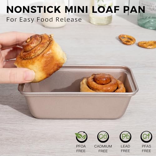 HONGBAKE Mini Loaf Pans for Baking, Nonstick Small Bread Pans of 3, 6 x 3.2 x 2 In Tiny Carbon Steel Small Baking Pans - Rose Gold - color: Rose Gold, size: Mini 3 Pack 6 x 3.3 x 2"
