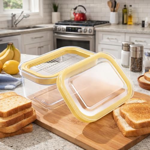 UNIVIVO 280g Butter Slicer Cutter and Airtight Container for Fridge, 2-in-1 PC Butter Dish with Stainless Steel Wires for Easy Portion Control, Slices After 15-20 Mins Softening, Clear Butter Keeper - size: Medium-Yellow