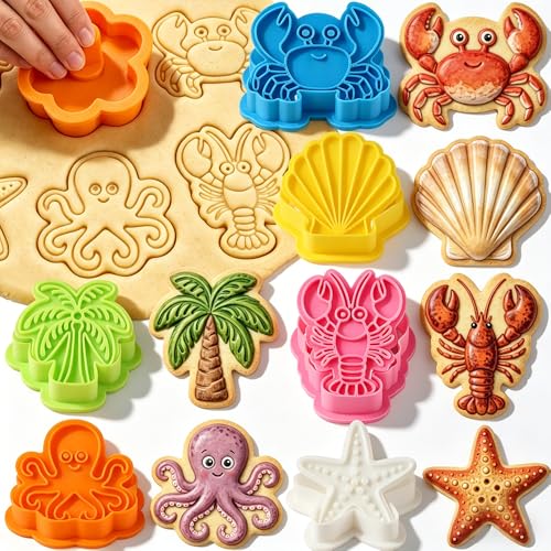 6Pcs Summer Ocean Animal Cookie Cutters Stamp 3D Crab Octopus Seashell Starfish Palm Tree Crawfish Cookie Cutter Shapes Plastic Cookies Molds for Baking Cute Fondant Cutters Beach Cookies Mold