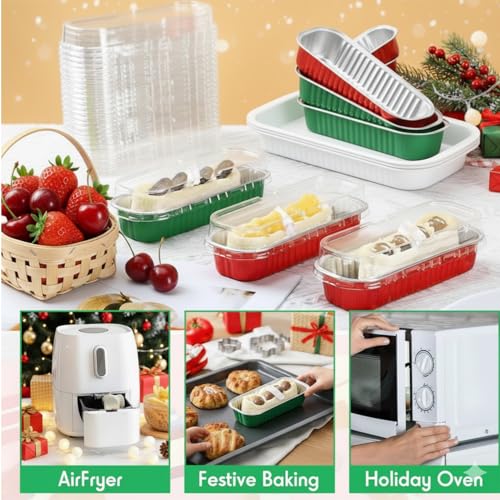 30 Pack 6.8oz Christmas Green Disposable Rectangular Aluminum Foil Mini Loaf Pans with Lids,Mini Cake Pans for Baking, Loaf Baking Pans, Small Individual Containerfor for Patrick’s Day Party Picnics - color: Green