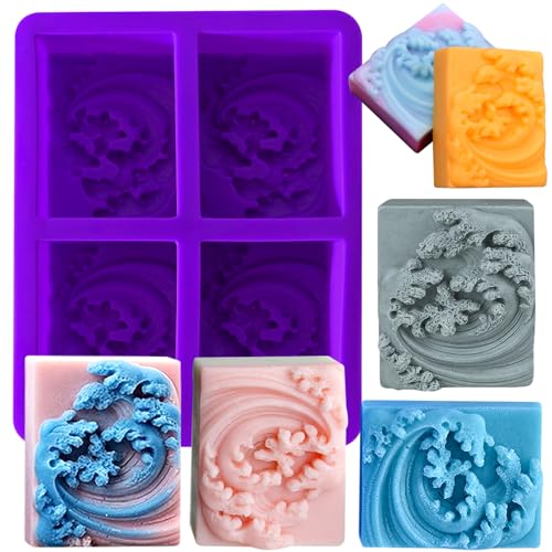 Ocean Wave Soap Molds, Square Sea Waves Silicone Mold 4-Cavity - color: Ocean Wave Soap