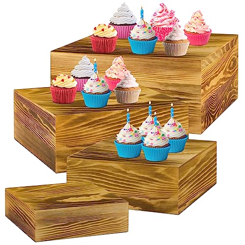 Roowest 4 Pack Wooden Display Risers, Rustic Cake Stands, Rustic Brown - color: Rustic Brown