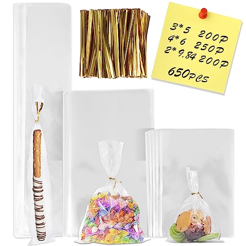 NEOACT 650 PCS Clear Flat Cellophane Treat Bags, 3x5,4x6,9.84x2 Cellophane Bags with Ties, Clear Gift Bags for Party Favors, Pretzel Rods, Bakery, Cookies, Candies, Dessert - size: 650 Count (3"x5", 4"x6", 9.84"x2")