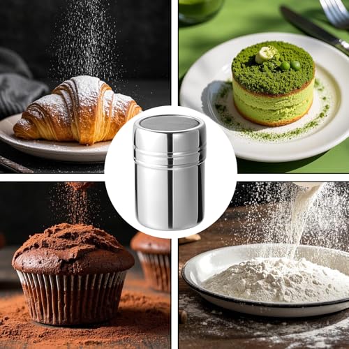 Powdered Sugar Shaker Duster, 2PCS Stainless Steel Cinnamon Shaker for Coffee Bar, Fine Mesh Dredge, Salt and Pepper Shakers for Soda, Cocoa, Cornstarch, Seasoning, 6 Ounce, with Lid