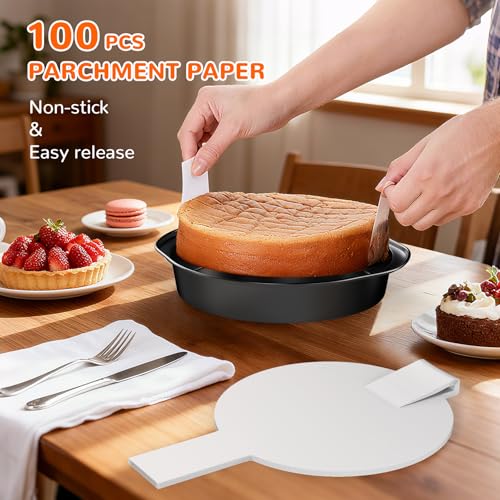 9 Inch Round Cake Pan with Handle, 3PCS Nonstick Cake Pans with 100 PCS Parchment Paper - size: 9 Inch