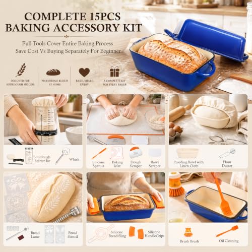 2-in-1 Enameled Cast Iron Dutch Oven for Bread Baking, Loaf Pans with Lid - style: Blue 2-in-1 5 Qt