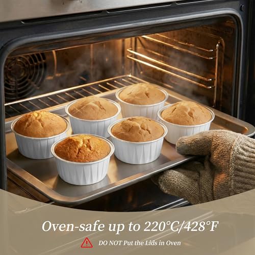 100-Pack 5 oz White Mini Cake Pans with Lids, Disposable Aluminum Foil Baking Cups, Muffin Tins, Ramekins for Cupcakes, Brownies, Flan, Pudding - Clean & Elegant for Wedding, Baby Shower - color: White