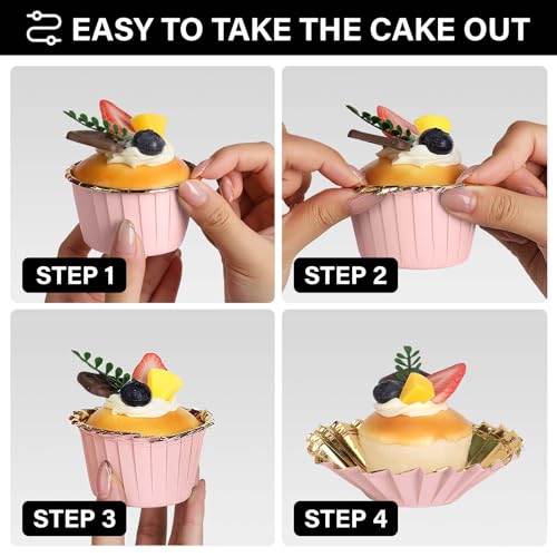 EUSOAR Cupcake Liners, 50pcs 3.5oz Aluminum Foil Wrappers Muffin Cupcake Containers, Disposable Dessert Ramekins Paper Baking Cups Mini Cheesecakes Holders for Birthday Wedding Party-Pink/Gold - color: Pink/Gold, size: 50pcs
