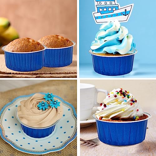 100Pcs Aluminum Cups with Lids,5oz Disposable Ramekin Baking Cups Muffin Liners Mini Pie Pans Foil Cupcake Containers for Christmas Party Wedding Party,Dark Blue - color: Dark Blue