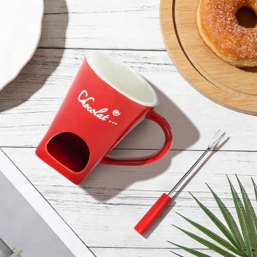 Chocolate Fondue Mug with Fork Sweet Ceramic Personal Chocolate Melting Cup Chocolate Fondue Mug Ideal Gifts for Birthday Date Night Birthday Wedding Gifts (Red) - color: Red