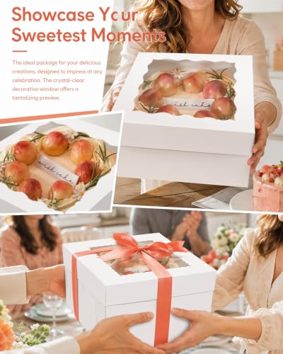 White 12"x12"x6" Cake Box 4Pcs, 12" White Cake Round Boards 4Pcs, for Cake, Treat Cookie Dessert, Birthday Party