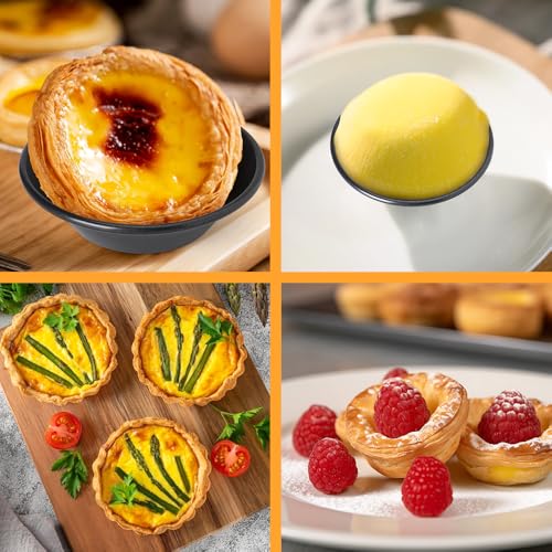 12 pcs Egg Tart Molds, Quyimy 3" Mini Tart Pans, Non-Stick Carbon Steel Mini Tart Panw/Oil & Dish Brushes for Cupcake Cake Muffin Mold Tin Pan, Baking Set Tool for Cakes, Cookies, Desserts - color: Black 3-inch 12 Pcs